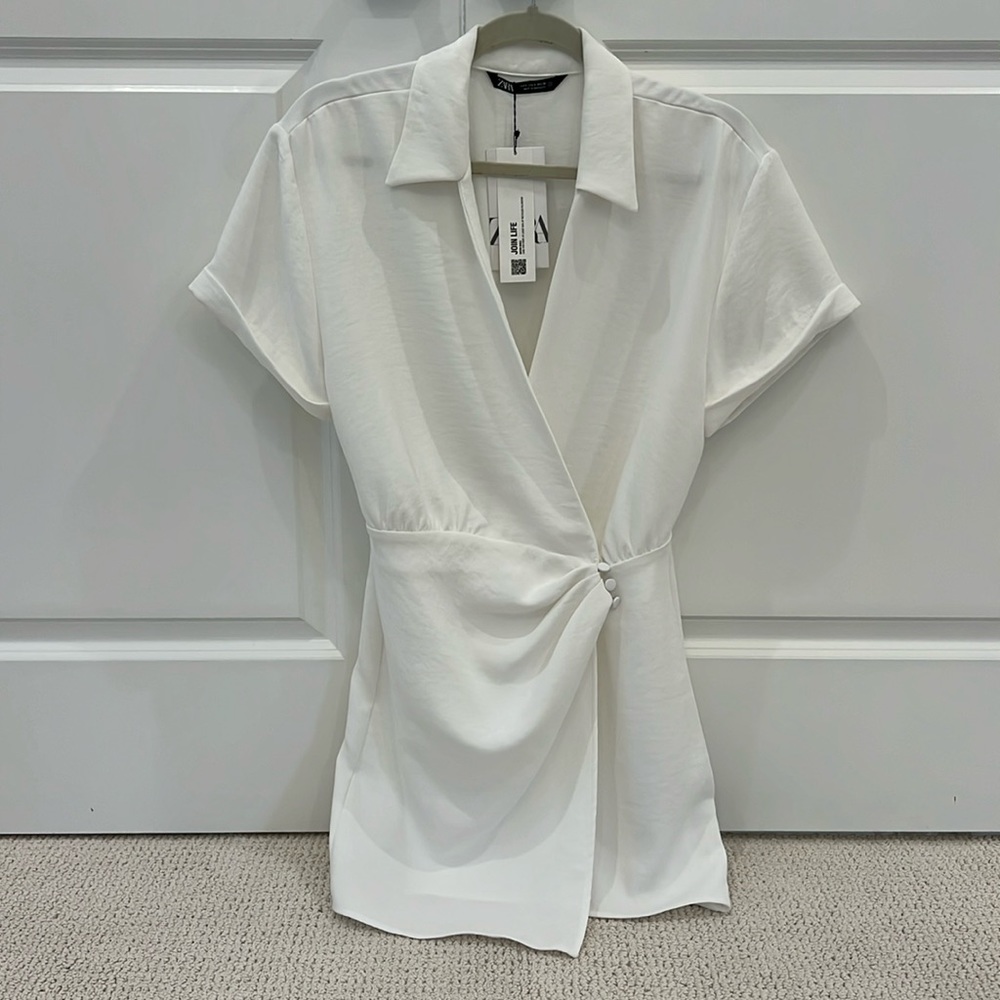 Zara Women’s white wrap collared dress short sleeve with buttons Size S